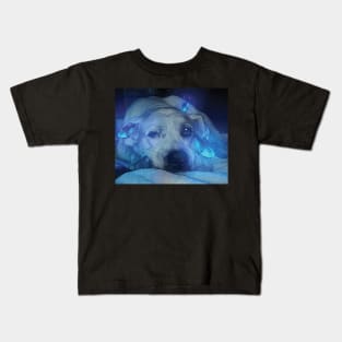 Dog and Blue Glowing Butterflies Kids T-Shirt